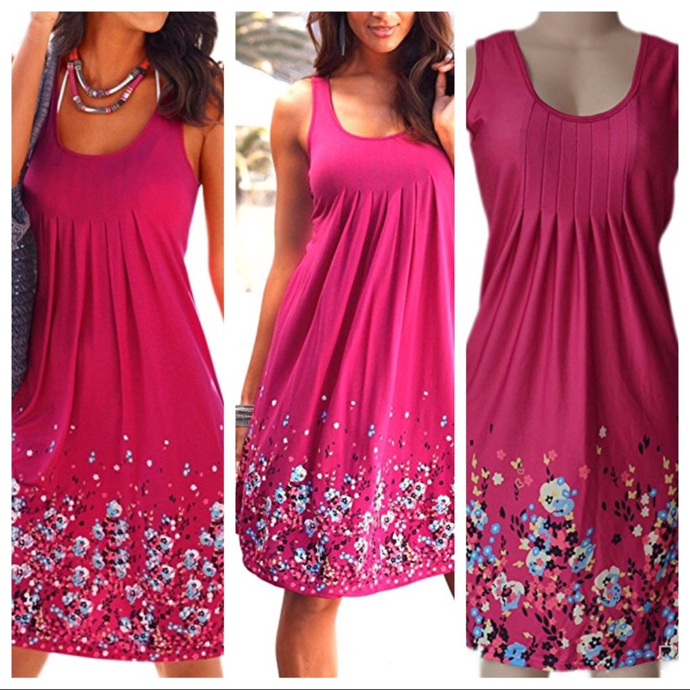Pink Midi Dress with Floral Design on Bottom, L/XL